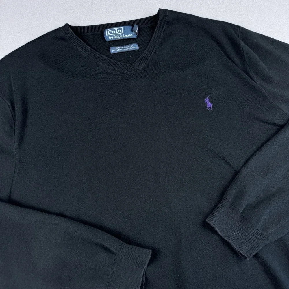 Vintage Polo Ralph Lauren Pima Cotton Sweater Men XXL Black V-Neck Pullover
